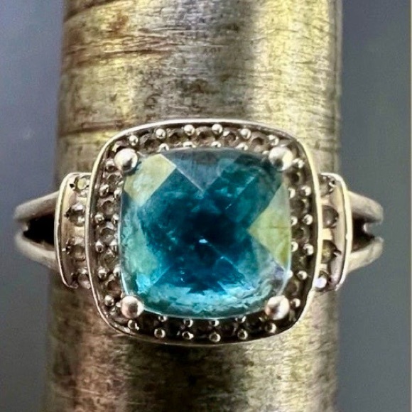 Masterpiece Sterling Silver Blue Topaz & Lab White Sapphire Halo Ring Size 7 - Picture 9 of 17